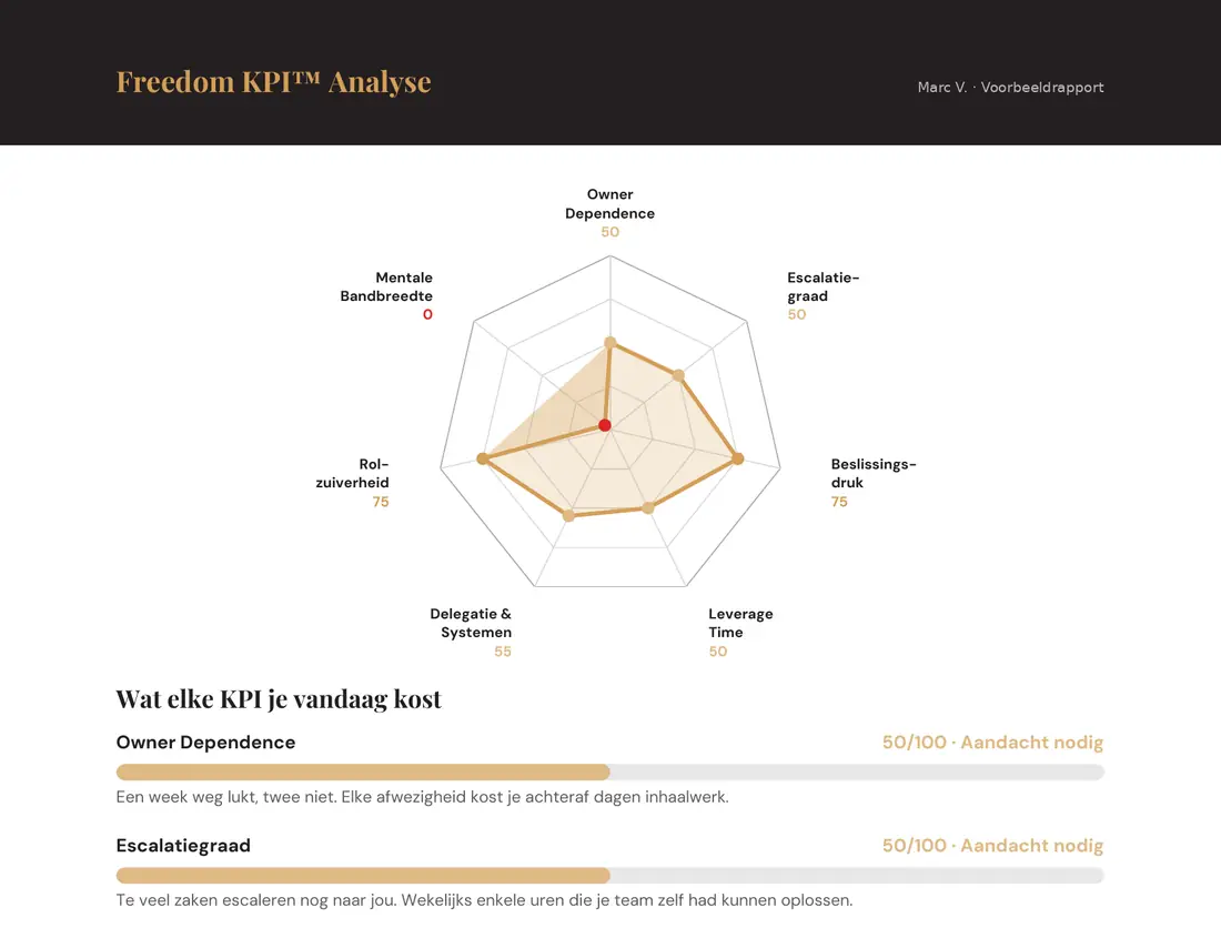 Voorbeeld uit het Freedom Audit rapport: Freedom KPI Analyse met score op zeven Freedom KPI's
